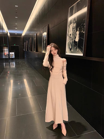 ByYou new autumn and winter gentle style oatmeal-colored wool knitted skirt mid-length figure-shaping high-waisted skirt