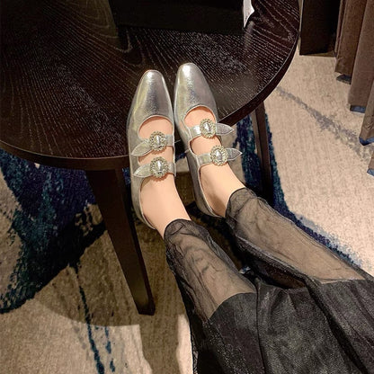 Extravagance golden ~ shallow mouth girls flat shoes women's spring and autumn round toe single shoes French women's shoes with rhinestone buckle Korean version