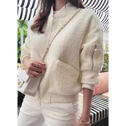 Korean chic autumn and winter French niche stand-up collar solid color pocket design loose long-sleeved tweed short coat for women
