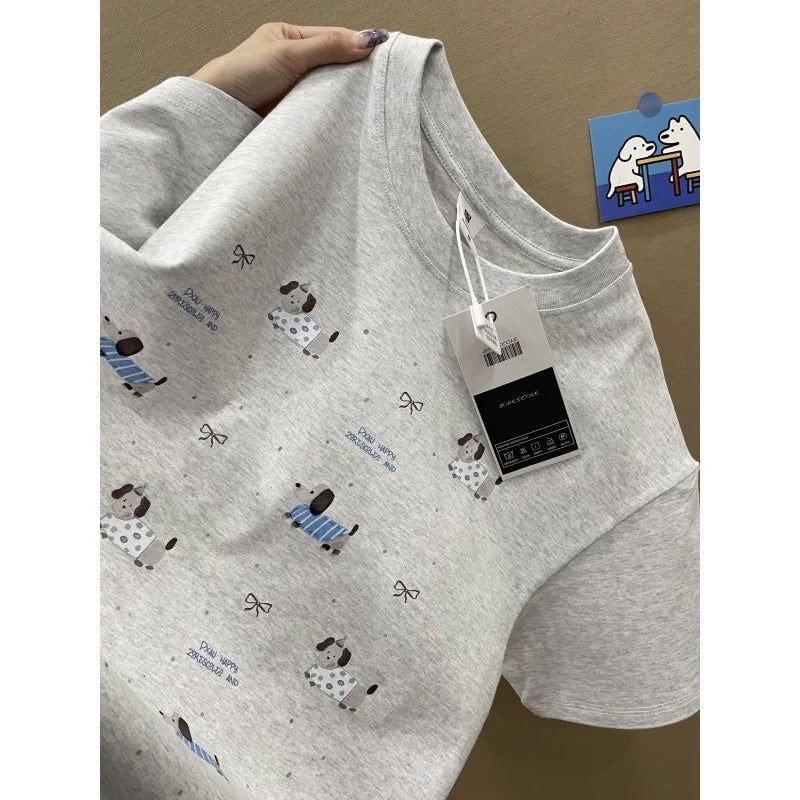 American style ins three bears printed cotton short-sleeved T-shirt men and women summer heavyweight all-match loose couple tops
