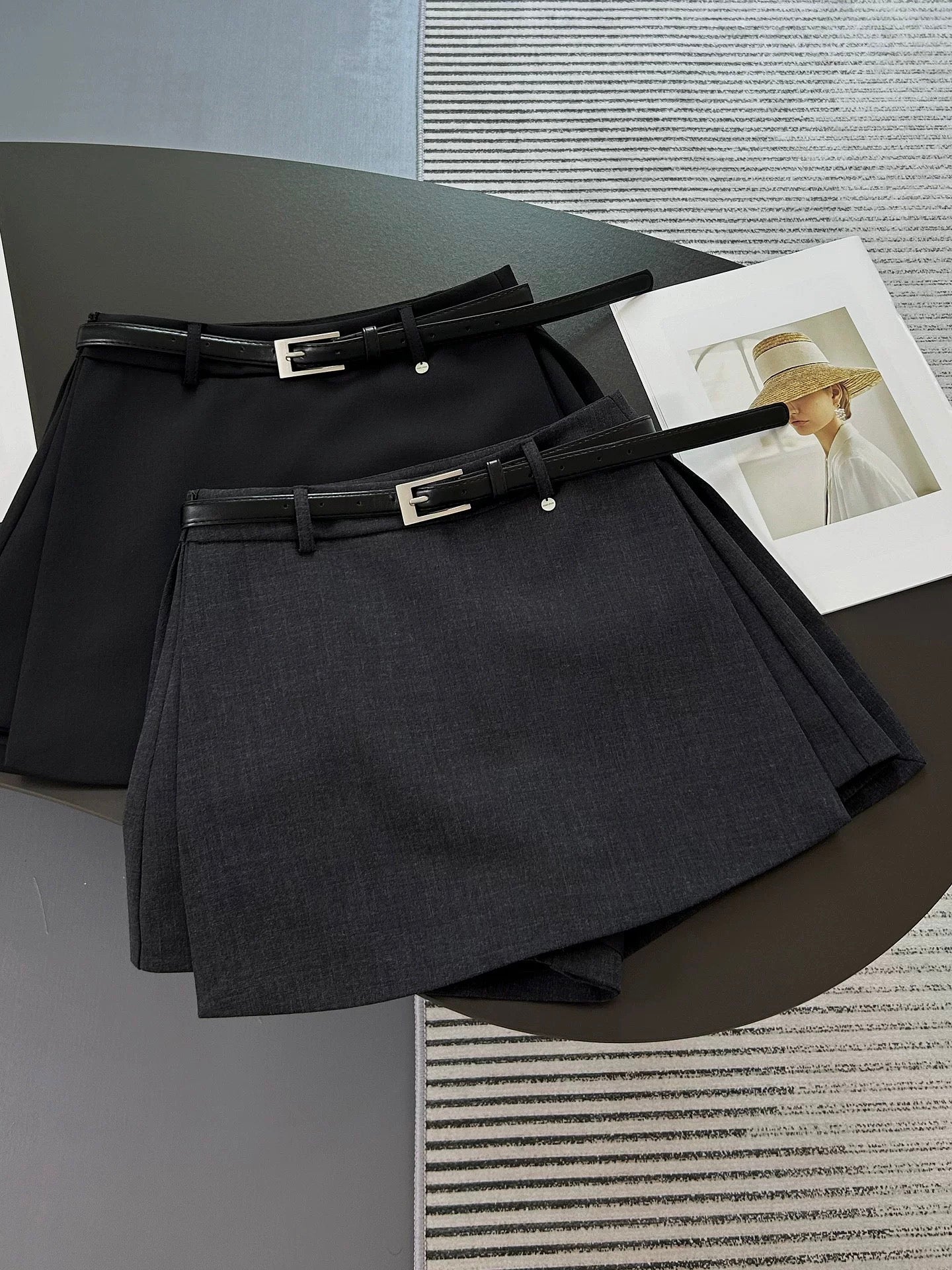 Gray high-waisted blazer skort with a side slit, flattering A-line fit. Easy to style for both work and casual looks.