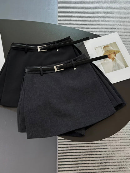 Gray high-waisted blazer skort with a side slit, flattering A-line fit. Easy to style for both work and casual looks.