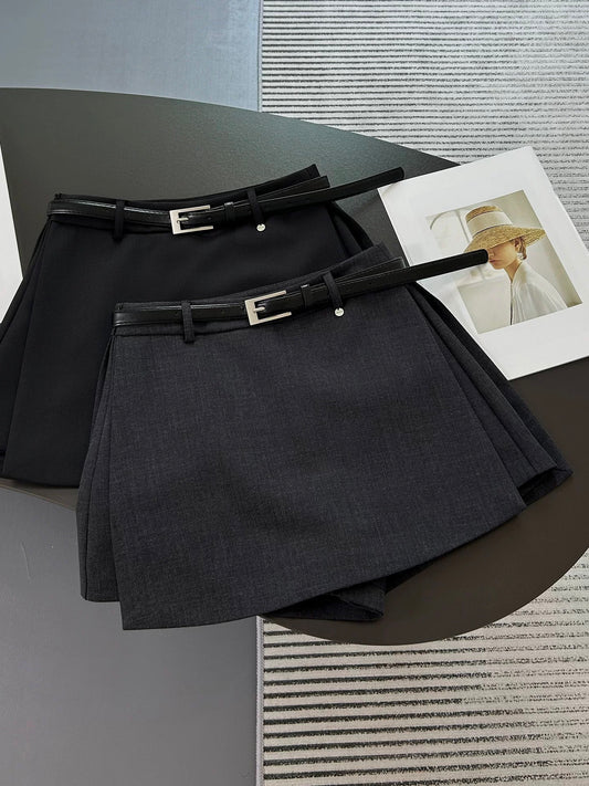Gray high-waisted blazer skort with a side slit, flattering A-line fit. Easy to style for both work and casual looks.