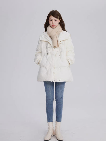 Volstagg white down jacket women's 2023 new winter horn button large lapel short white duck down thick coat