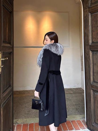 Shanxi said 100% wool V-neck with silver fox fur collar double-sided denim coat, feminine ladylike style mid-length coat (B1317)