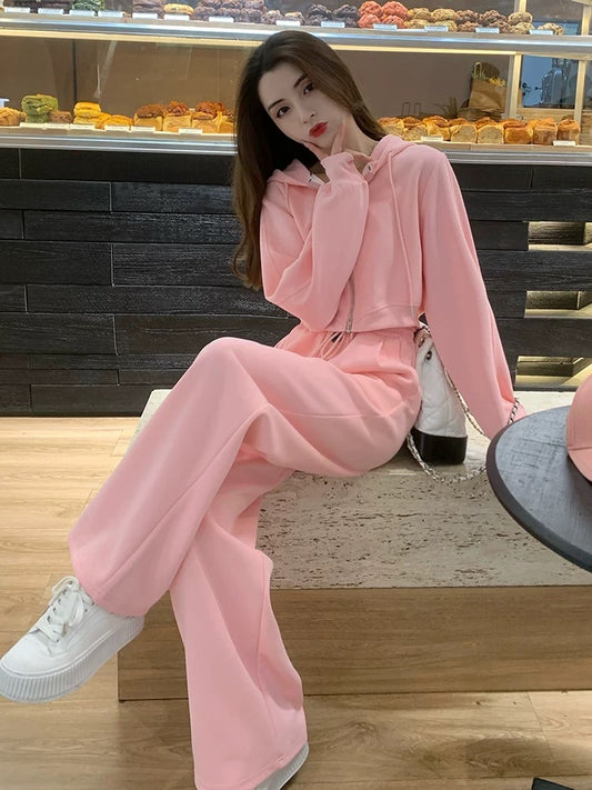 Early spring 2024 new women's clothing salt-line age-reducing pink high-end casual sports sweatshirt wide-leg pants two-piece suit