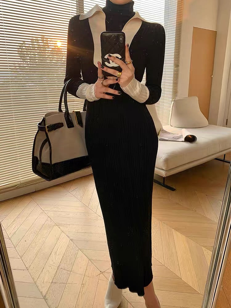 WANGXO black sweater skirt women's autumn new design contrasting slim mid-length bottoming knitted dress (B1711)