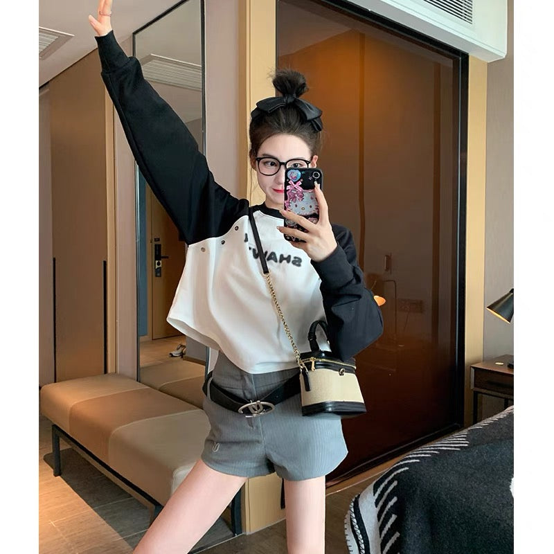 Contrast color raglan printed round neck sweatshirt for women 2023 new early autumn design niche casual short top super (B6914)