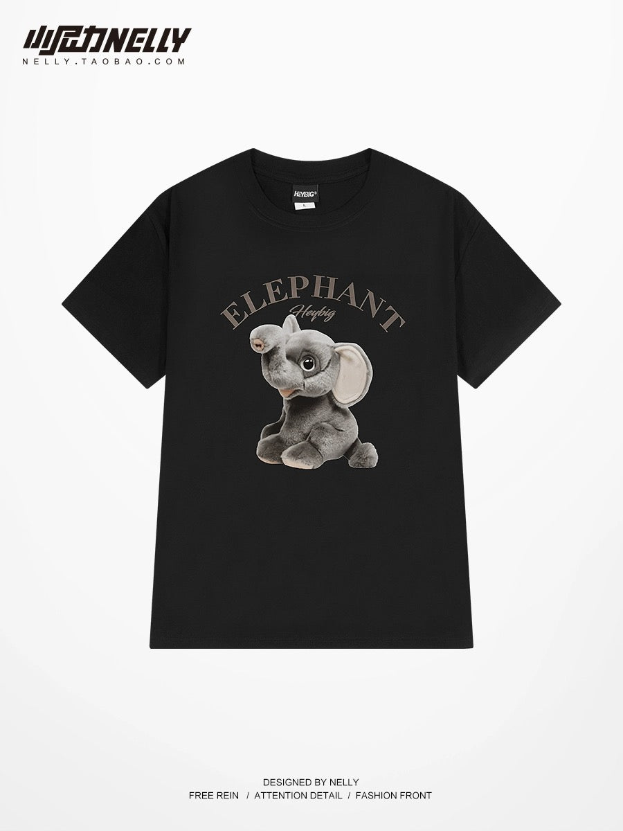 chic Hong Kong style elephant print pure cotton short-sleeved T-shirt for men and women loose Korean style new half-sleeved style age-reducing tops