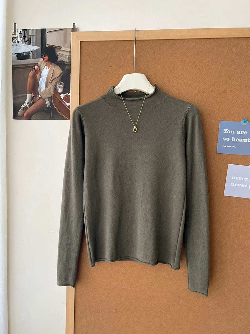 Retro soft and sticky cashmere rolled-edge turtleneck knit sweater for women, autumn and winter, gentle and versatile layering base layer top.