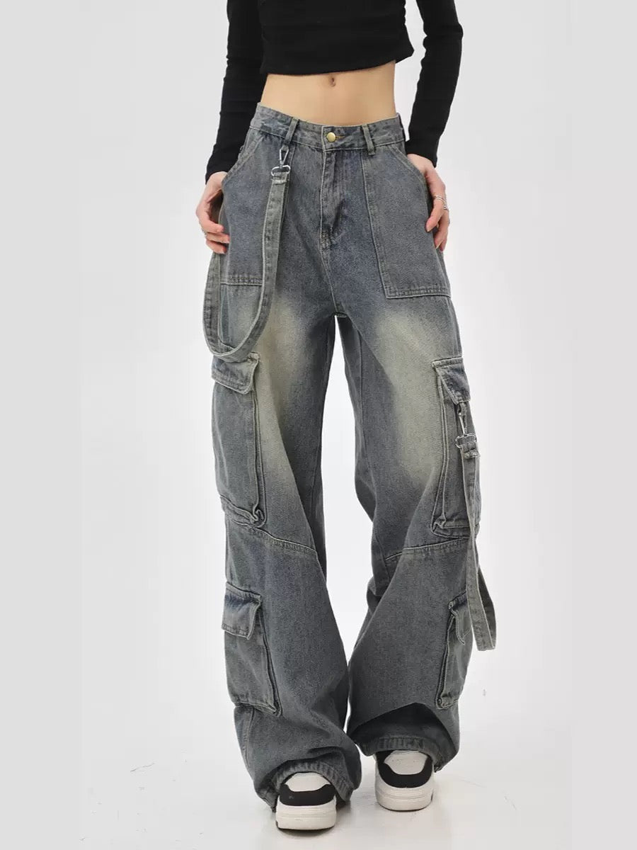 Retro high-waisted straight workwear wide-leg loose jeans women's
