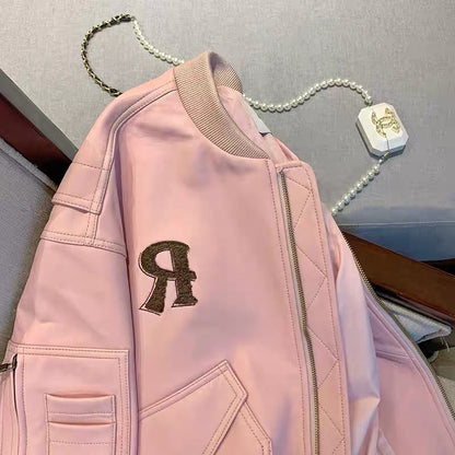 Korean chic fashion temperament pink baseball uniform women's winter sweet high-level lazy pu leather jacket coat