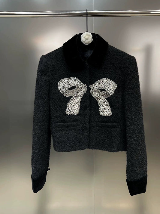 Net red pomelo MM 2023 autumn velvet lapel long-sleeved diamond-studded bead bowknot celebrity daughter style coat