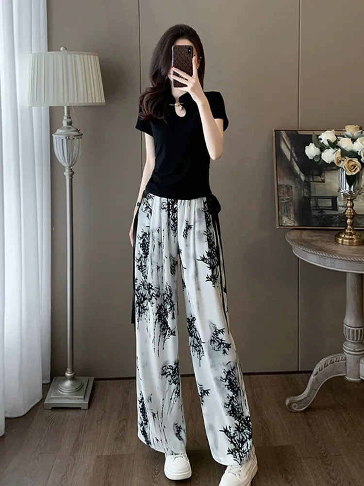 Short-sleeved sports casual suit for women, summer fashion, age-reducing internet celebrity, street style, chiffon wide-leg pants, two-piece set, western style