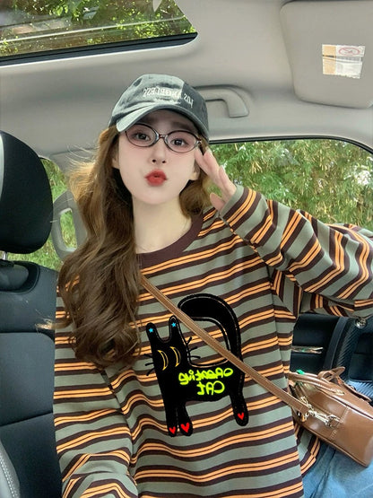 Cat print striped long-sleeved T-shirt for women 2025 new spring bottoming shirt American retro loose slim top