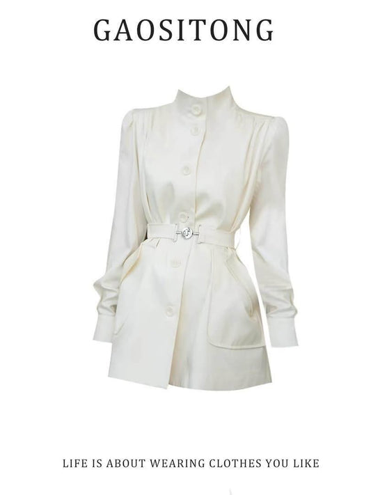 GAOSITONG French-style stand-collar puff-sleeve trench coat for women (Early Autumn 2025); an elegant, belted, waist-cinching coat with a sophisticated, high-society aesthetic.