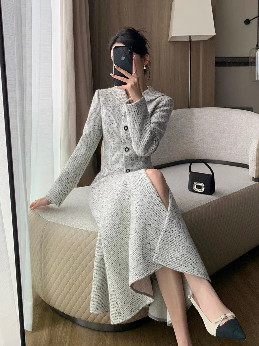 FT GUOGE small fragrant dress for women 2023 autumn and winter new French retro waist slimming long skirt