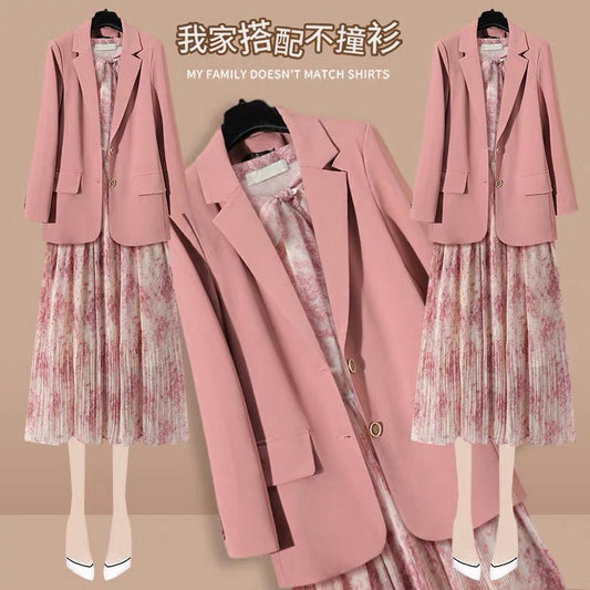 Light mature style blazer women's loose 2023 spring and autumn new chiffon floral dress suit two-piece suit (S0345)