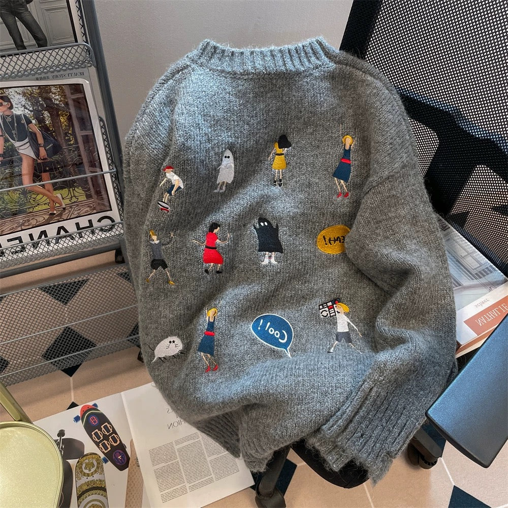 American lazy chic Hong Kong style retro cartoon soft waxy sweater for men and women autumn and winter design street-blasting couple sweater