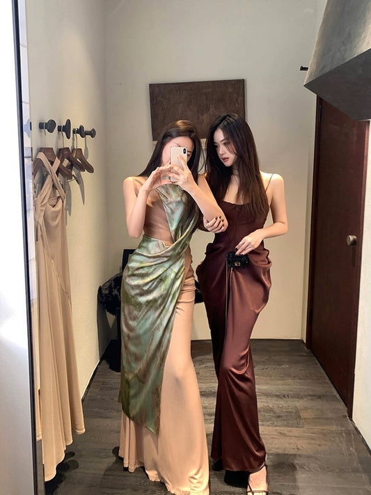 Purple floral dress women's spring new French style waist slimming v-neck puff sleeve long skirt