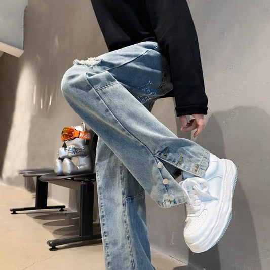 Design sense breasted slit jeans men's trendy ins high street straight loose American style vibe hole casual pants