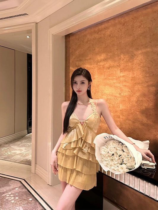 For Fay original heavy industry yellow pleated lace sexy V-neck sling dress women's summer cake skirt