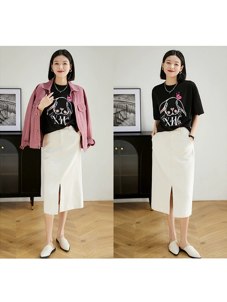 [TXB681185MG] Sweet and cool rabbit print T-shirt PINK butterfly embroidery ~ cotton elastic short sleeve versatile top
