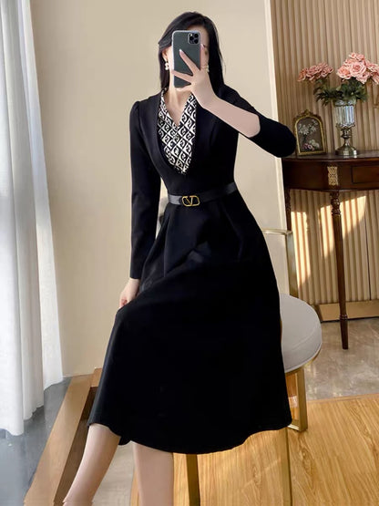 High-end professional dress for women in autumn 2023 new temperament waist slimming mid-length black long-sleeved skirt
