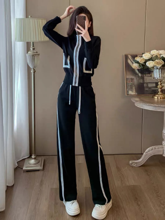 Autumn and winter high-end black sweet and cool striped short jacket slimming straight pants two-piece fashion suit (V6615)