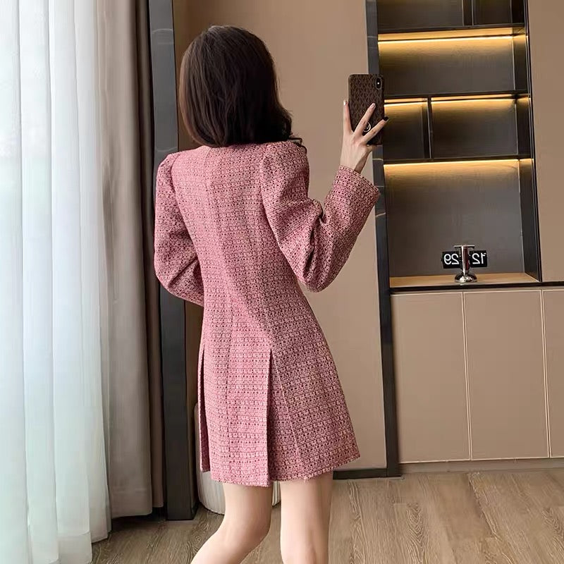 2023 New Women's Clothing Autumn Temperament Celebrity Slim High-Quality Red Small Fragrance Style Tweed Dress Women's Autumn