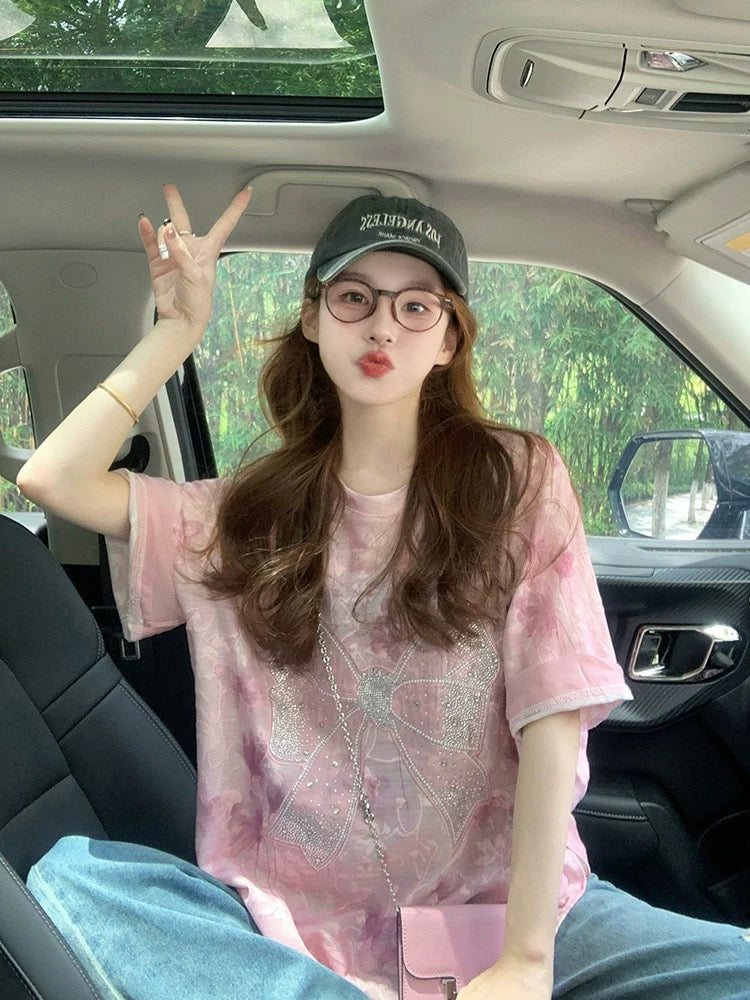 Pink jacquard ice silk short-sleeved T-shirt for women 2025 new summer tie-dye design hot diamond sweet age-reducing large version