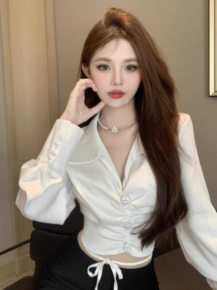 French V-neck long-sleeved satin shirt for women in fall, waist-cinching design, short shirt with lace-up white top