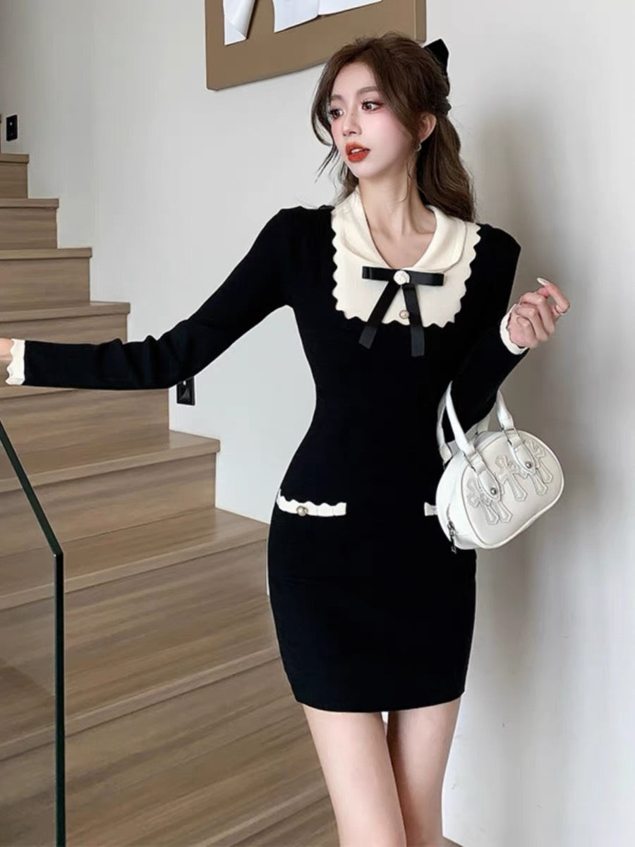 Minimalist bow ruffled contrasting color knitted dress for women winter small fragrant style bottoming sweater hip-hugging miniskirt D5511