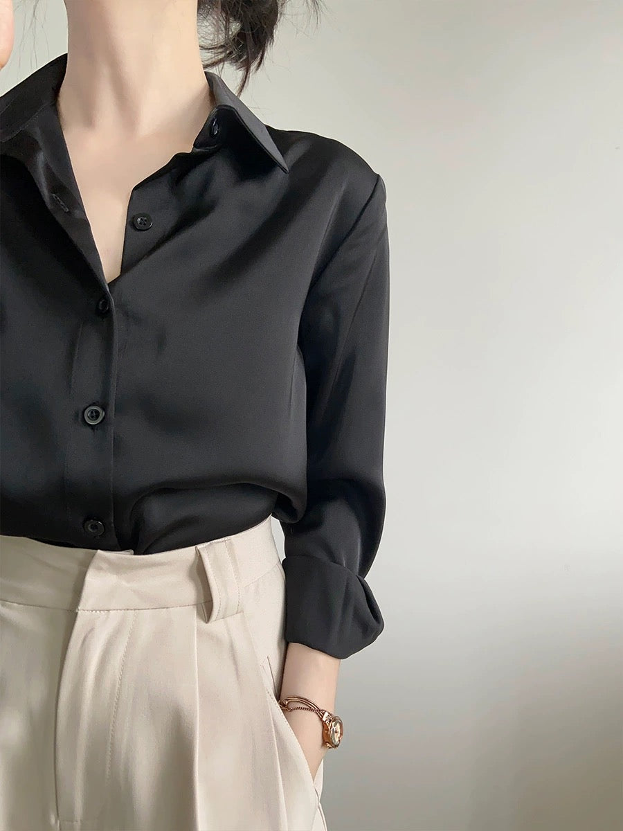 ACHU straightforward and simple high-end green satin shirt women's professional interview shirt design niche top T579
