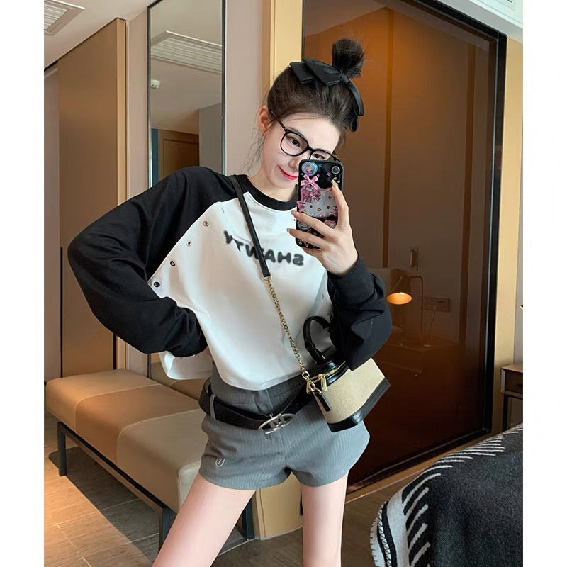 Contrast color raglan printed round neck sweatshirt for women 2023 new early autumn design niche casual short top super (B6914)