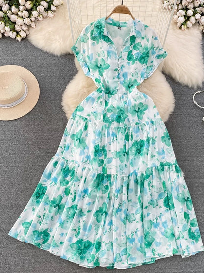Gentle style floral long skirt French retro temperament short sleeve lapel waist slim a-line floral dress summer