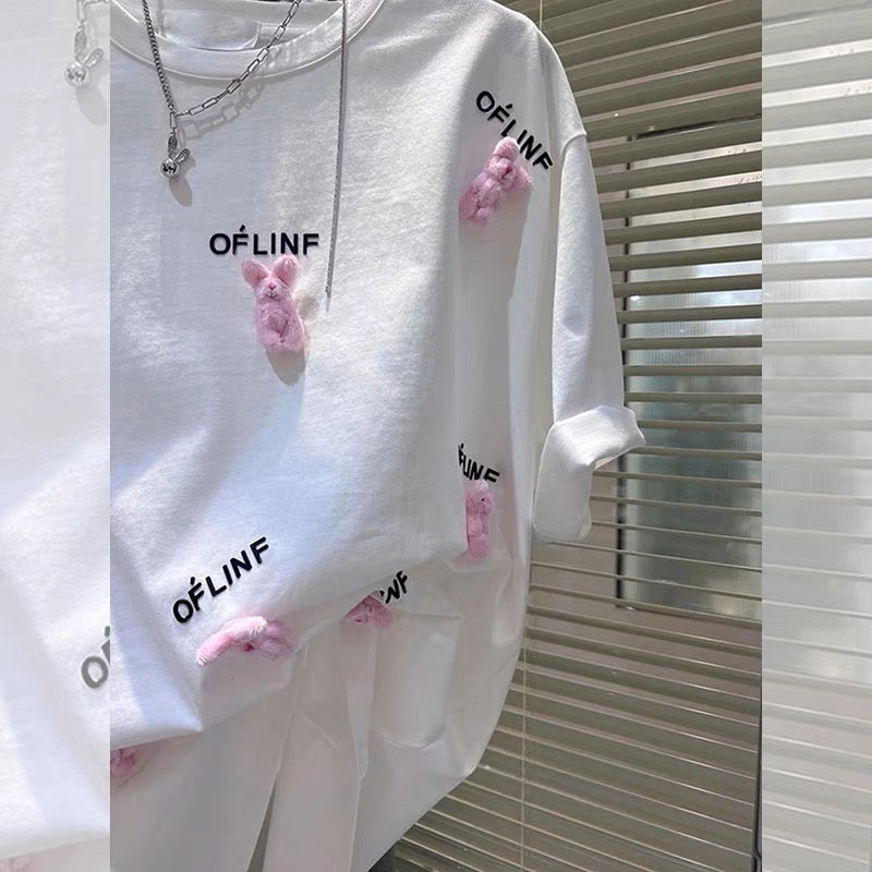 [Designer Detachable Bear] T-shirt Women's White Three-dimensional Doll Short Sleeve 2023 New Design Top