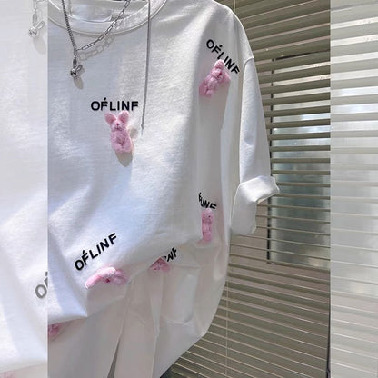 [Designer Detachable Bear] T-shirt Women's White Three-dimensional Doll Short Sleeve 2023 New Design Top