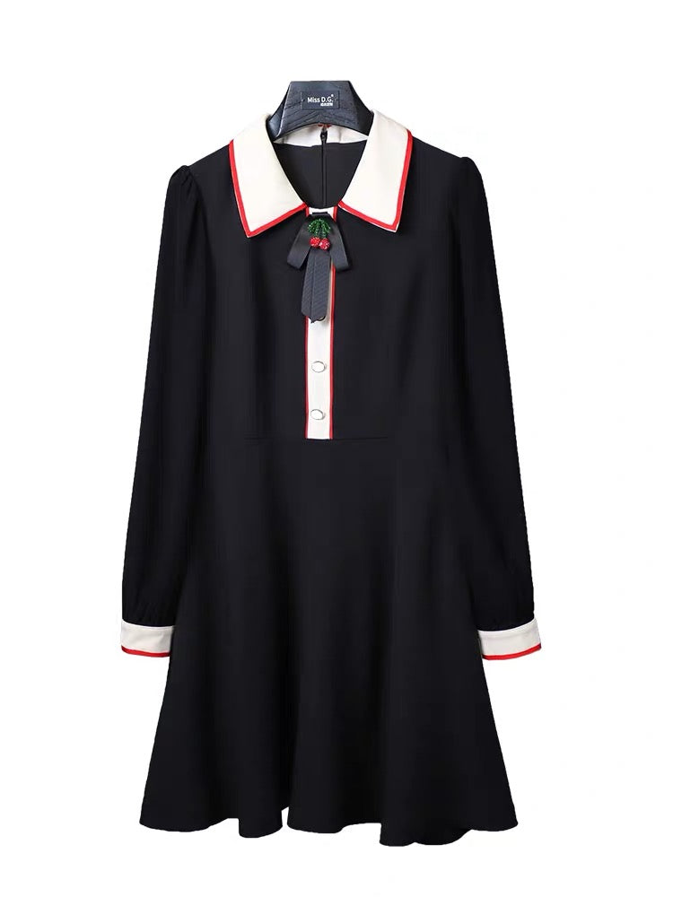 Miss DG high-end temperament small fragrant dress 2023 autumn and winter lapel bow waist slimming skirt (D0676)