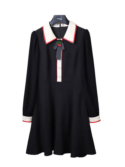 Miss DG high-end temperament small fragrant dress 2023 autumn and winter lapel bow waist slimming skirt (D0676)