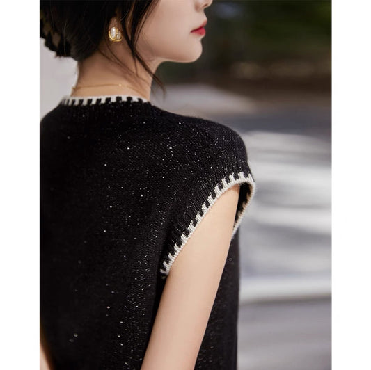[ZZU560151AG] Gold and silver bean yarn black and white cashmere small Shanti lace V-neck vest vest sweater