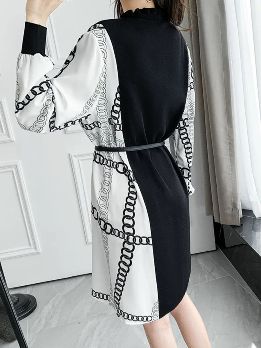 Autumn and winter new style knitted dress for women with contrasting color prints for small people, loose and slim, spliced chiffon sweater dress