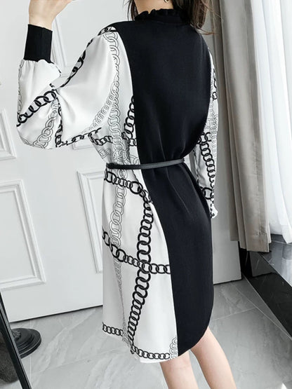 Autumn and winter new style knitted dress for women with contrasting color prints for small people, loose and slim, spliced chiffon sweater dress