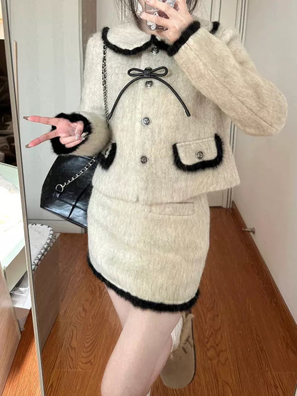 Small fragrant bow contrast color coat two-piece set for women 2023 autumn and winter high-waisted skirt high-end western style suit T9696