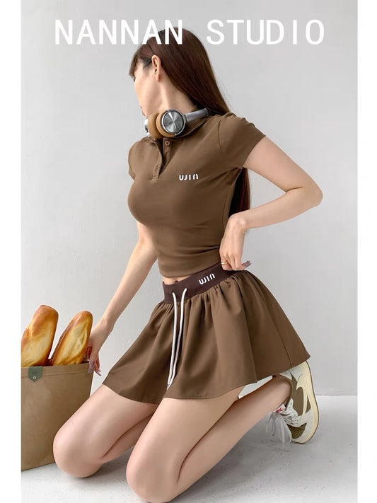 Rebellious college style · contrast color high waist sports style skirt + short sleeve POLO collar slim T-shirt top two-piece set