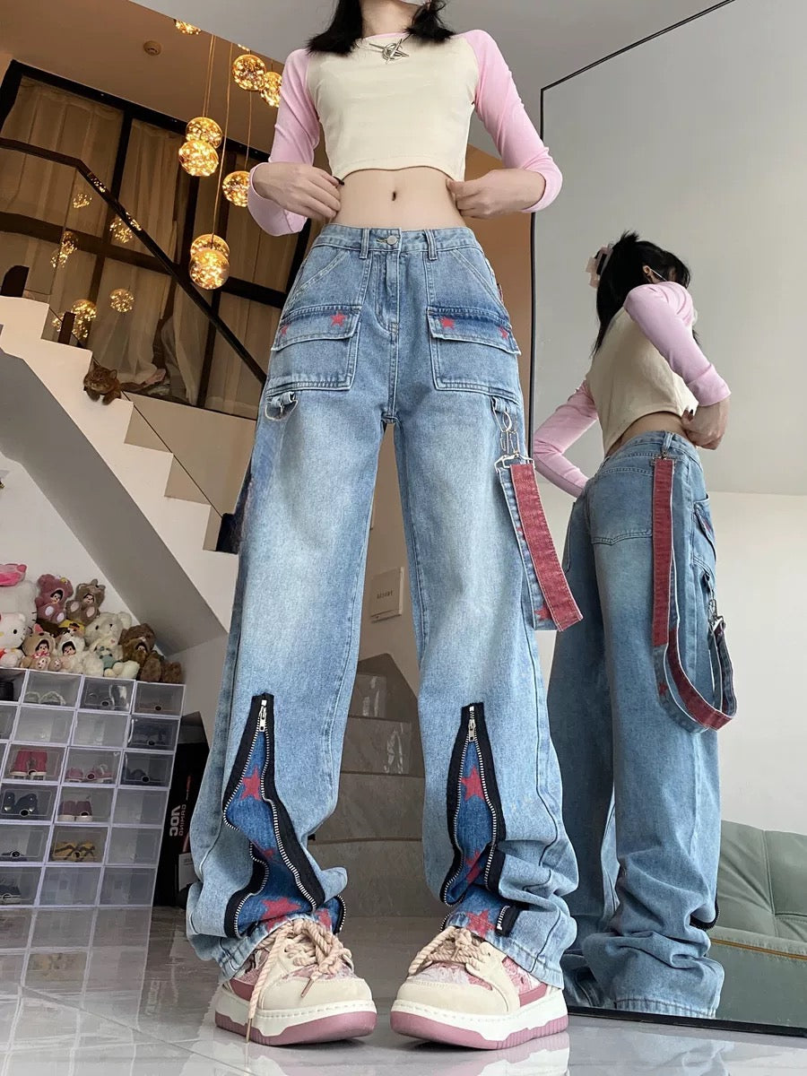 High Street Hot Girl Workwear Jeans Women's Summer Loose Slim Versatile Pants Multi-zipper Printed Straight Pants Trendy