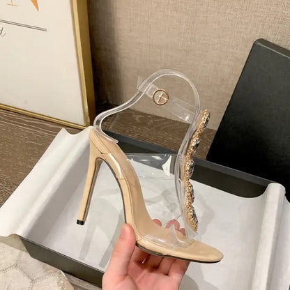 European and American fashion high-heeled shoes 2023 summer sexy transparent rhinestone stiletto crystal gem fairy style sandals female plus size