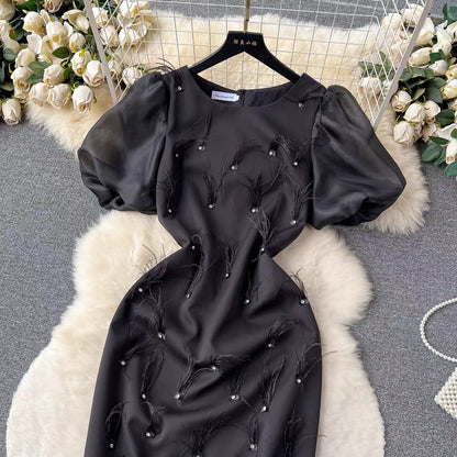 French high-end heavy industry nail diamond feather tassel round neck dress women's slim and elegant puff sleeve dress long dress (D0982)
