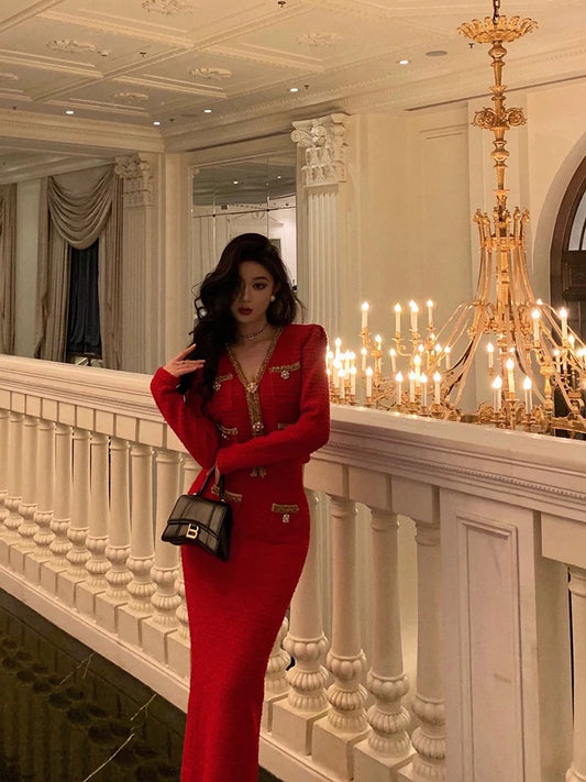 Godfrey red small fragrance suit for women 2023 autumn and winter new high-end light luxury niche knitted two-piece set