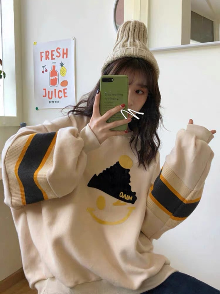 Apricot Smiley Sweatshirt New 2023 Popular Autumn and Winter Thin Jacket Loose Korean Style Hoodless Top Trendy